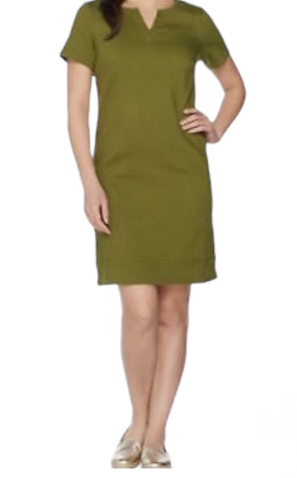 Vestido elástico C. Wonder para mujer talla 10 manga corta denim verde oliva cuello dividido Foto 2 de 4