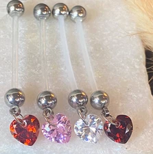Heart Gem Dangle Bio Flex Pregnancy Belly Ring Pierced Navel Clear, Pink, Red