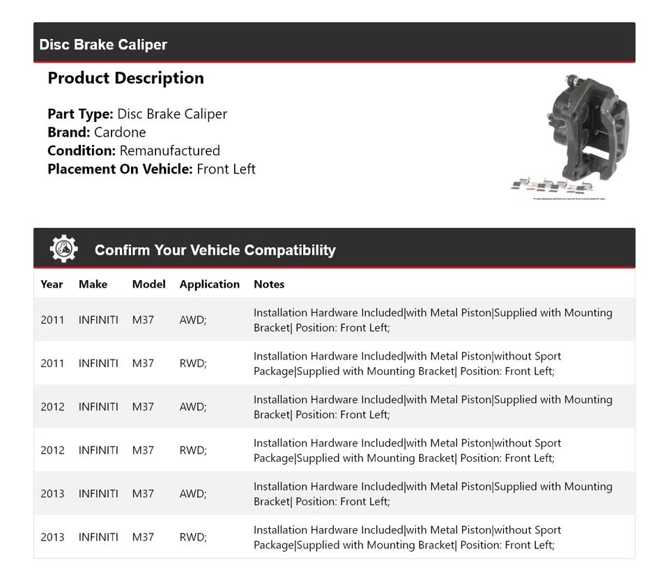 Pinza de freno de disco delantera izquierda Cardone 2012 para Infiniti M37 2011-2013 Foto 2 de 4