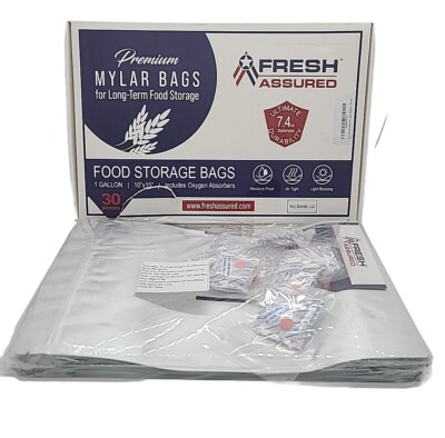 30 PC BOX FRESH ASSURED 1 GAL MYLAR FOOD STORAGE BAGS W OXYGEN ABSORBERS