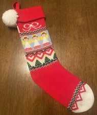 Hallmark Angels Hearts Knit Christmas Stocking Red & Green Pom Pom Vintage 1983