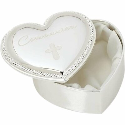 Communion Cross Heart Shape Beaded Accent Border 3 x 2.5 Zinc Alloy Keepsake Box