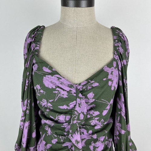 Umgee Ruched Dress Size Medium Floral Green Lavender Ruffle Balloon Sleeves Mini - Picture 2 of 16