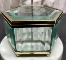 Vintage Etched Glass/ Metal Trinket/ Jewelry Box, Mirror Bottom, 2.25x4 Inch