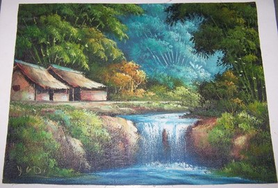 Wasserfall Bambus- Wald GEMÄLDE Häuser  Asien Bild Malerei Dschungel Urwald BALI