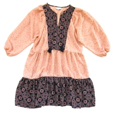 Studio B By Bobeau Pink Blue Floral Paisley 3/4 Sleeve V-Neck Smock Dress Large