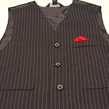 George Men's Black Pinstripe Suit Vest Waistcoat Size 28 w/ Red Pocket Square