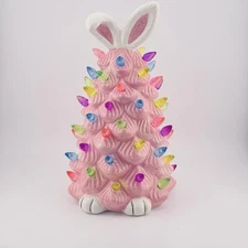 Ceramic Easter Bunny Tree Figurine w/ LED Light,Collectible Holiday Gift Decor