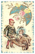 Boy pushing Girl in Wheelbarrel, in Snow Storm