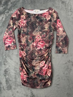 Boston Proper Dress Womens Medium Multicolor Floral Ruched Bodycon 3/4 Sleeve