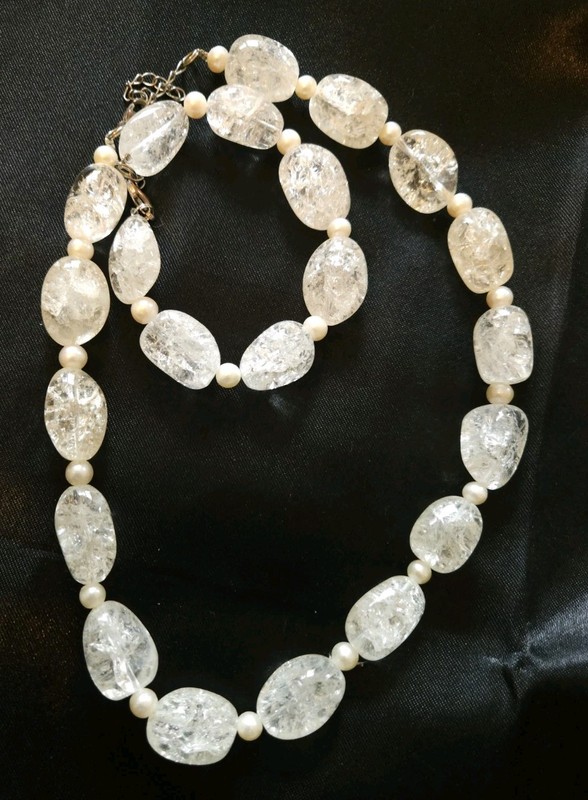 Vintage Necklace Clear Cracked Natural Crystal Quartz W Pearl 18-19” & Bracelet 