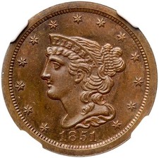 1851 C-1 R-1 NGC MS 64 BN Braided Hair Half Cent Coin 1/2c