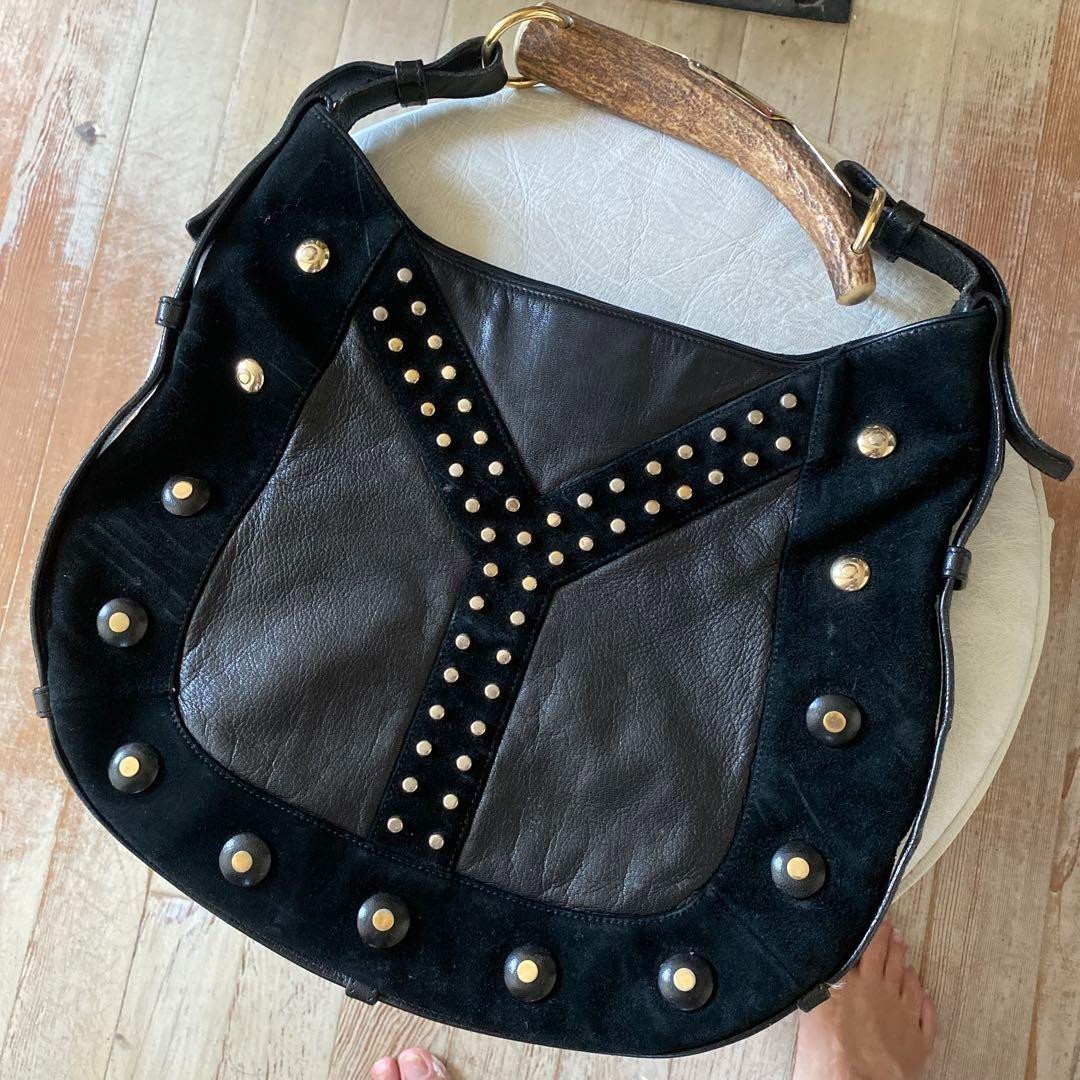 YSL Rive Gauche Mombasa Black Leather Studded Shoulder Bag Exc+4 Condition