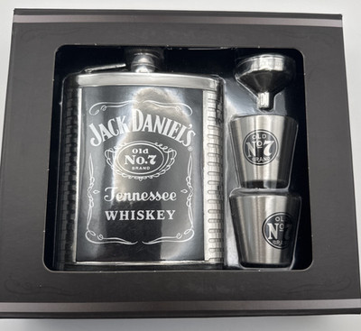 Jack Daniels Flask 2 Shots & Funnel Set - Stainless Steel 6 Oz Flask Shots Set