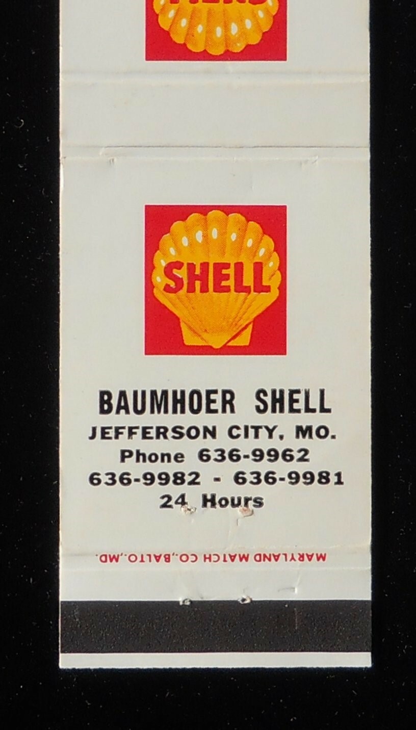 1970s Baumhoer Shell Gas 24 Hours Jefferson City MO Cole Co Matchbook