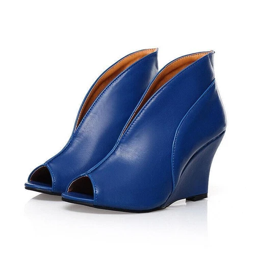 Women's Peep Toe Wedge High Heel faux leather Shoes Slip On Sandals Pumps - Picture 16 of 19