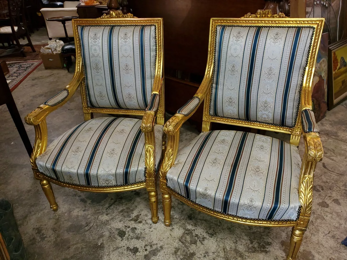 2 VINTAGE PARLOR CHAIRS GOLD FRAME NICE FABRIC EXCELLENT