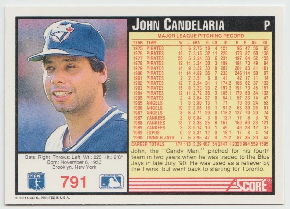 1991 Score Baseball #791 John Candelaria - Toronto Blue Jays - Image 2 of 2