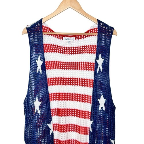 Cloud Chaser American Flag Crochet Fringe Vest Size 3X Open Knit Red White Blue - Picture 3 of 16