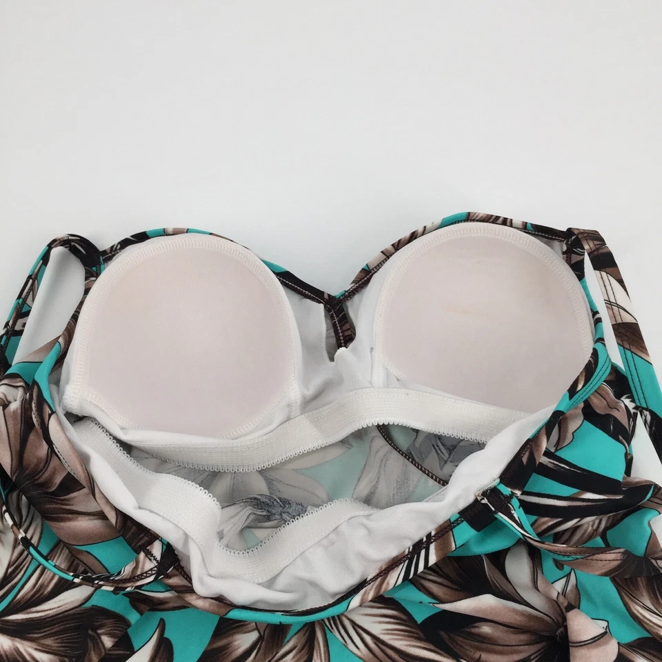 Caribbean Joe Tankini Traje de Baño Bikini Camiseta sin Mangas Grande Azul Teal Marrón Floral Natación Foto 4 de 4