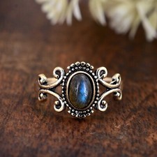 Natural Blue Labradorite 925 Silver Ring Handmade Gemstone Jewelry Gift For Mom