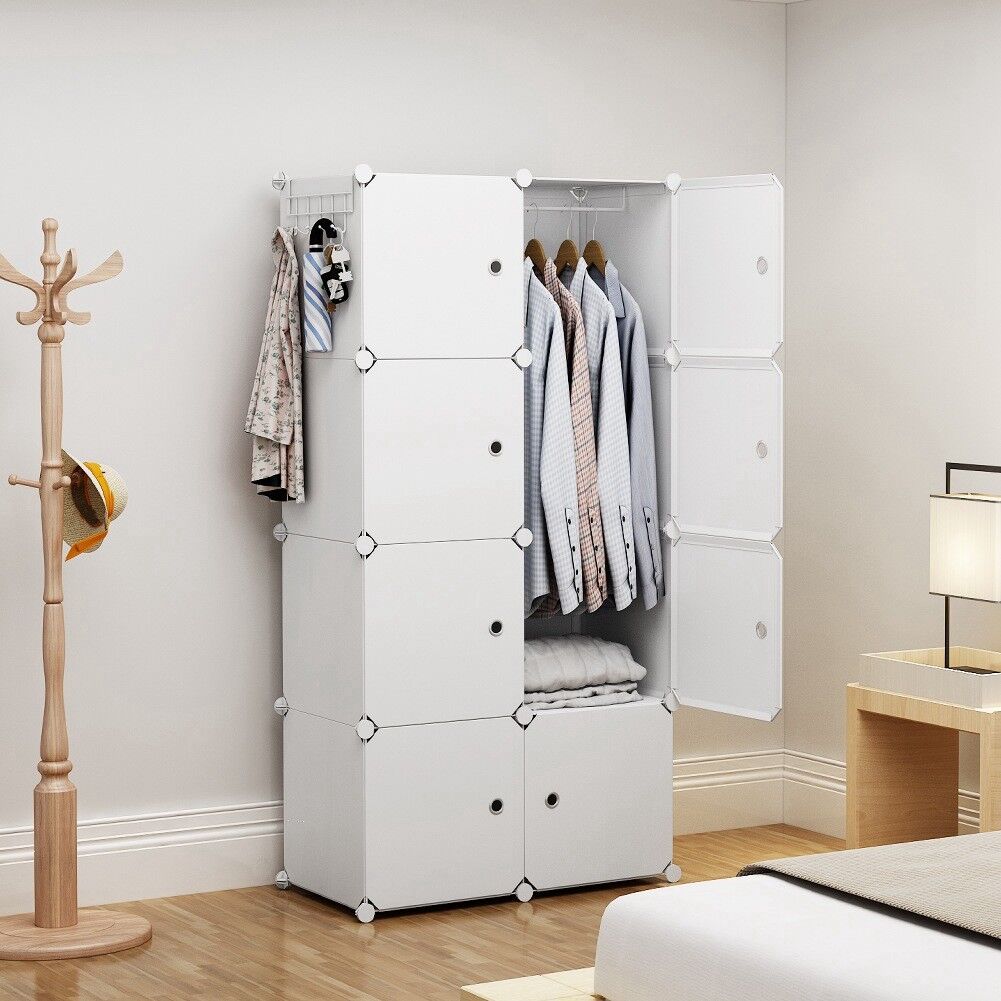 Portable Wardrobe Clothes Closet Plastic Dresser White 2x4 Tiers