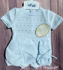 NWT Will'beth Blue Knit 4pc Diaper Set Newborn Baby Boys Hat Booties Sz 0