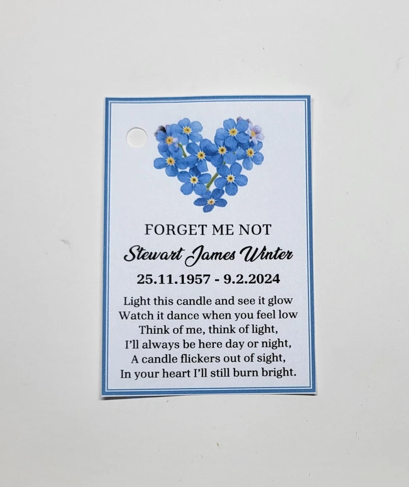 Personalised Funeral Memorial FORGET ME NOT tealight size candle favours - Image 2 of 4
