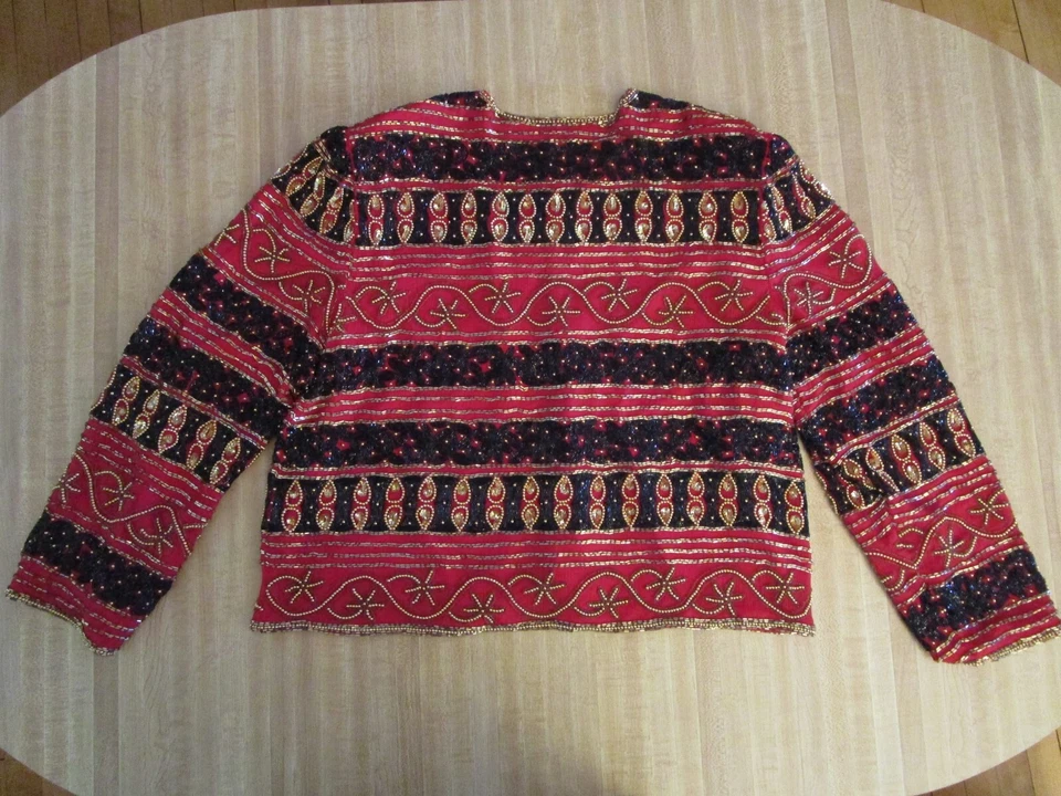 Chaqueta formal de noche Scala vintage de seda con cuentas India roja negra dorada XXL para mujer Foto 2 de 4