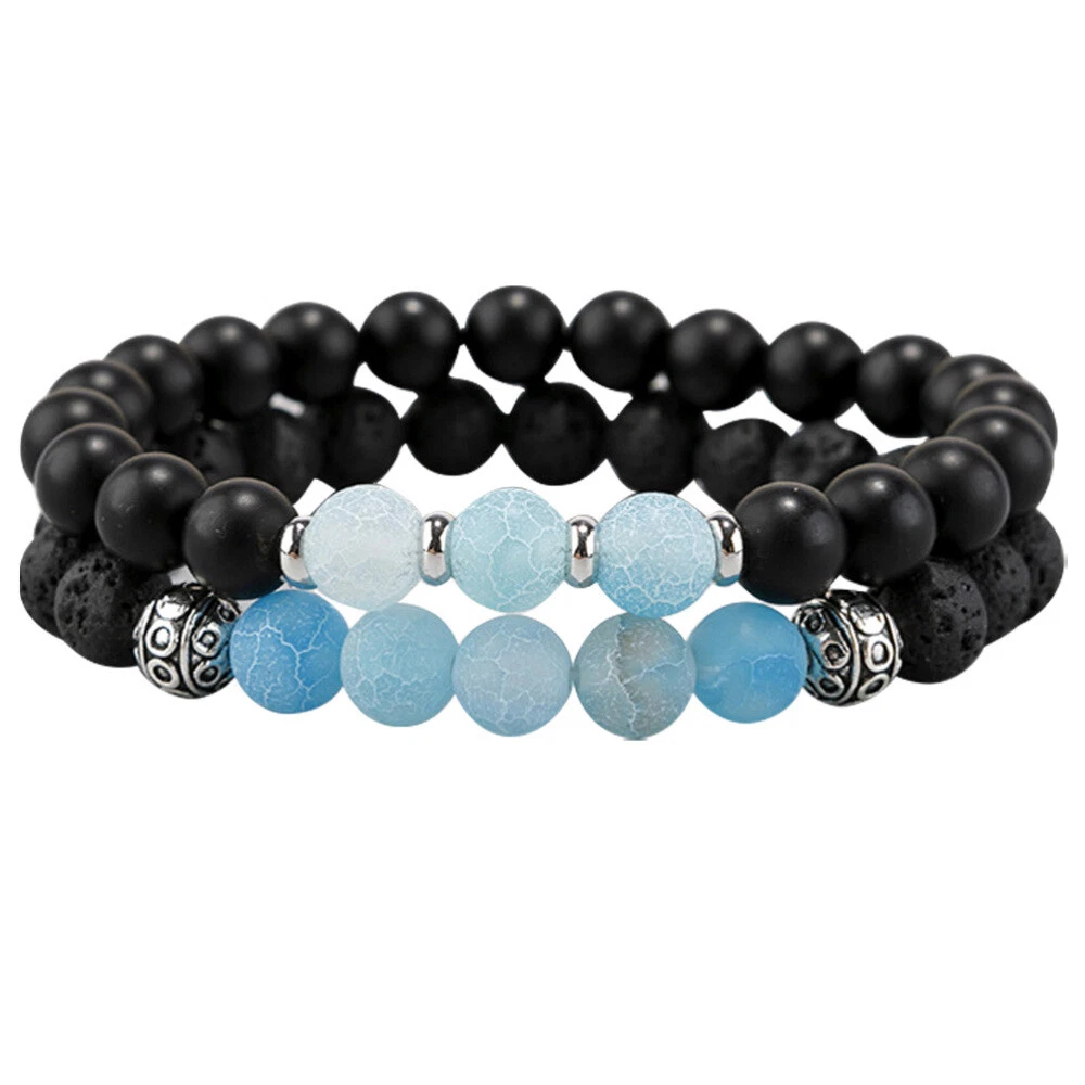 VALENTINO Set 2 Pezzi Bracciale Pietra Blu Ghiaccio Uomo Amanti Relazione Coppie Gioielli