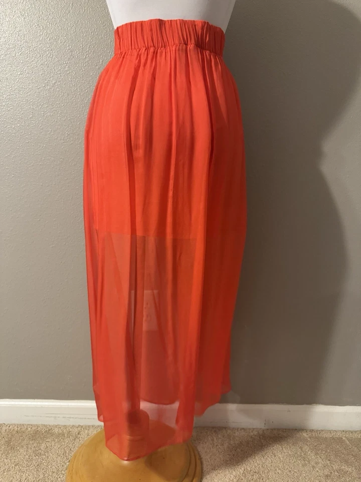 Falda Hale Bob Midi S Pequeña Roja Naranja Mezcla Seda Fluida Transparente Pull On Foto 3 de 4