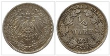 1/2 Mark Piece 1913 E German Reich Imperial Eagle Old Antique Silver Coin