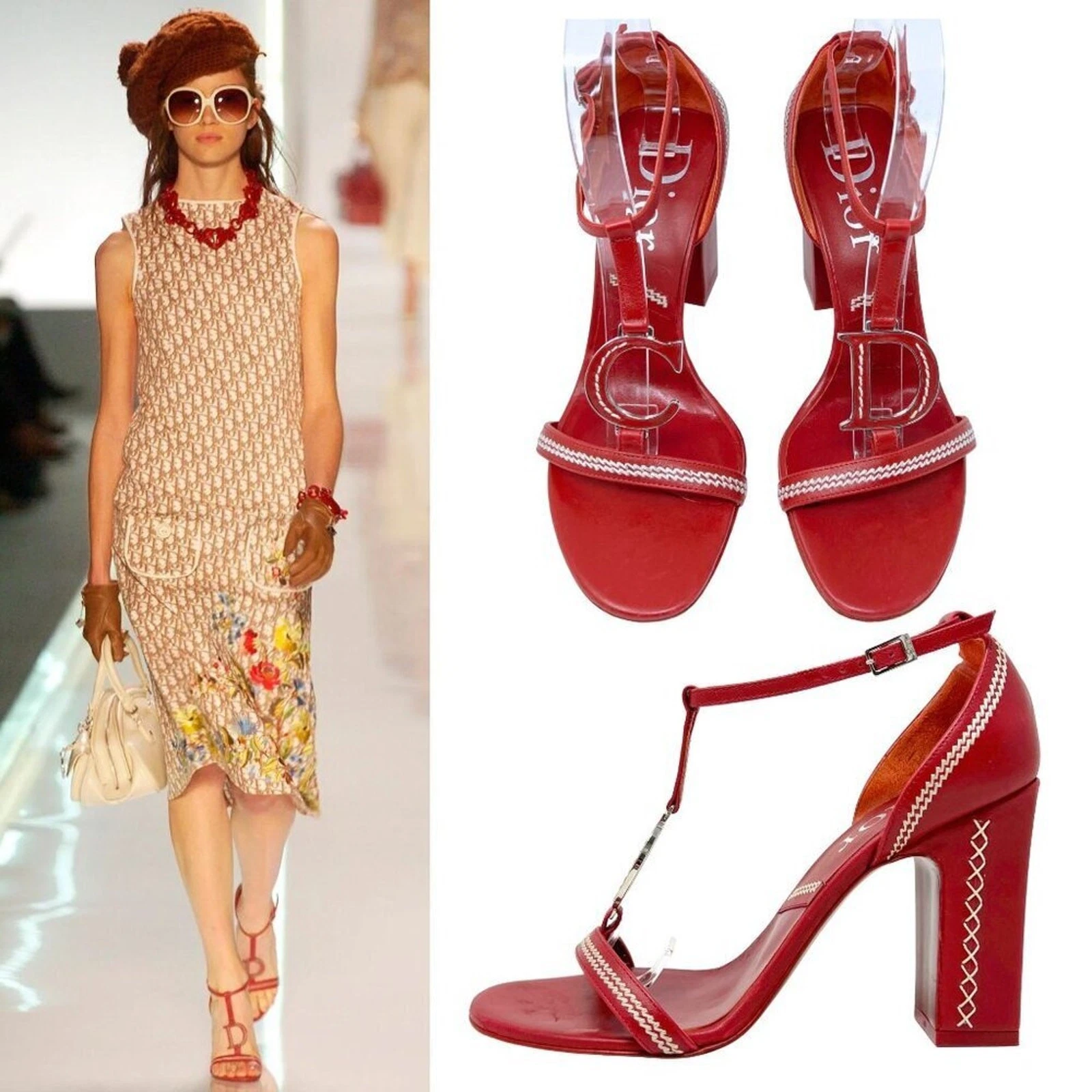 Sandales à talons Dior en cuir rouge logo brodé bloc