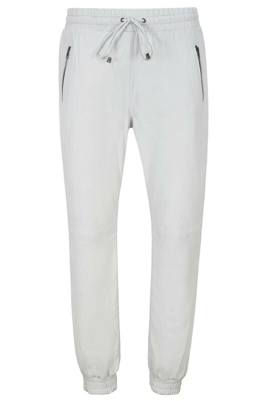 Men's Real Soft Leather Trousers White Sweat Track Pant Slim Fit Zip