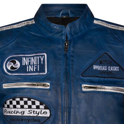 Mens Blue Leather Biker Jacket Retro Casual Zipped Racing Moto