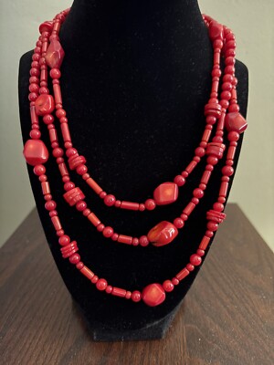 Barse Red Coral Beaded and Nugget Necklace 59'' w/ Sterling Clasp Beautiful!