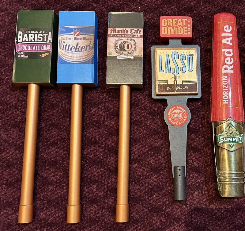 Lot of 5 Tap Handles -Witterke Wht,Barista Choc,MonksCafe,Summit Red & Lasso IPA