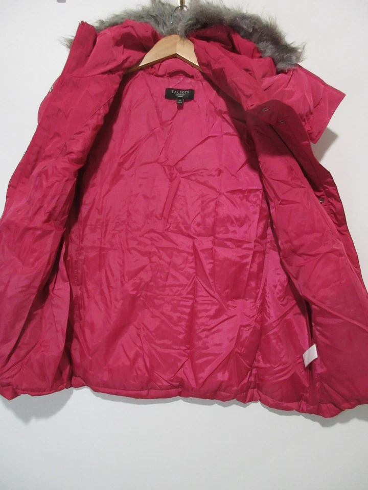 Sz 1X Talbots Down Filled Puffer Vest Zip Up Faux Fur Trim Removable Hood Pink - Image 2 of 4