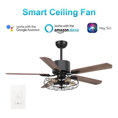 52'' Smart Ceiling Fan + Remote Steampunk Light Cage Lamp Modern Loft Lodge Cabin