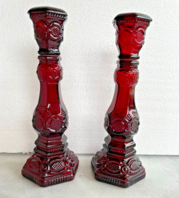 Ruby Red Glass Avon Cape Cod Candle Sticks Holders 8.5'' Set of 2