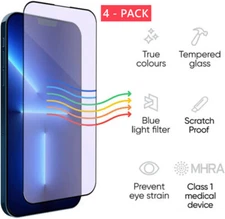 4PCS Anti Blue Tempered Glass Screen Protector For iPhone 8/12/13/14/15 Pro Max