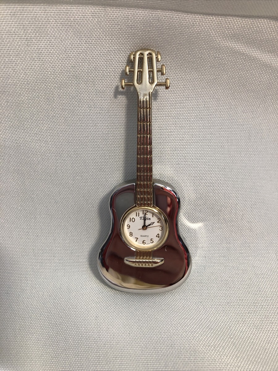 Elgin Quartz Miniature Gold Tone Guitar Clock Works Great Battery
