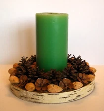VTG 50s All Natural Pine Cone & Nut On Birch Round Candle Ring W Pillar Candle