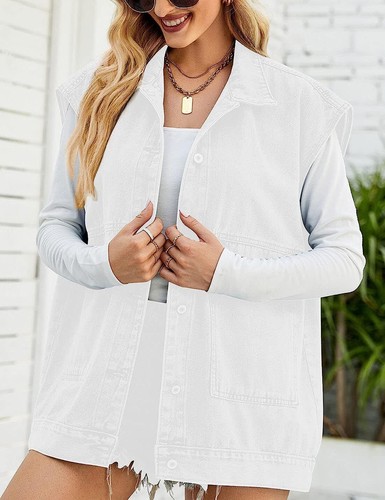 Womens Oversized Denim Vest Mid Long Jean Vest Sleeveless Jacket Distressed Vest - Picture 26 of 53