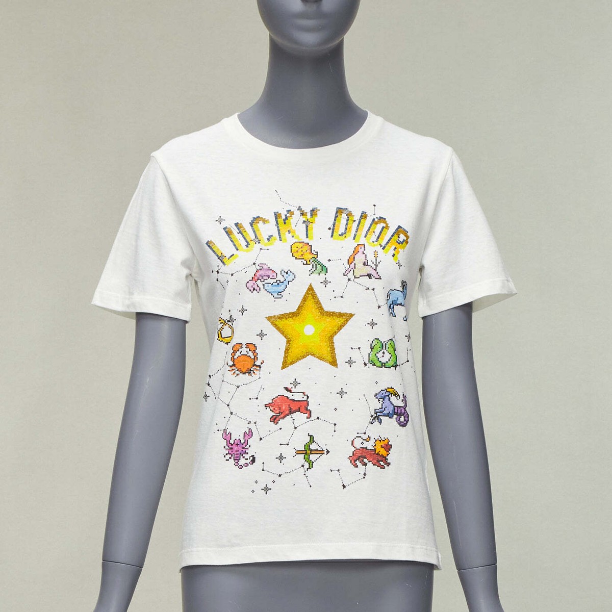 DIOR Lucky Dior Zodiac Pixel print white cotton linen short