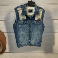 Carbon Distressed Denim Jean Jacket Vest USA Button Up Tag=Lg Fit=Sm *LOOK*