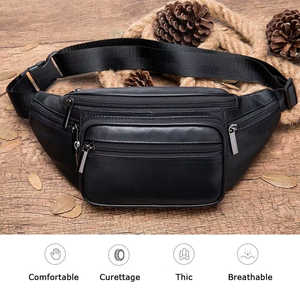 Men's Waist Bag Belt Waist Packs Sheep Genuine Leather Waist Bag Fanny Pack  Belt