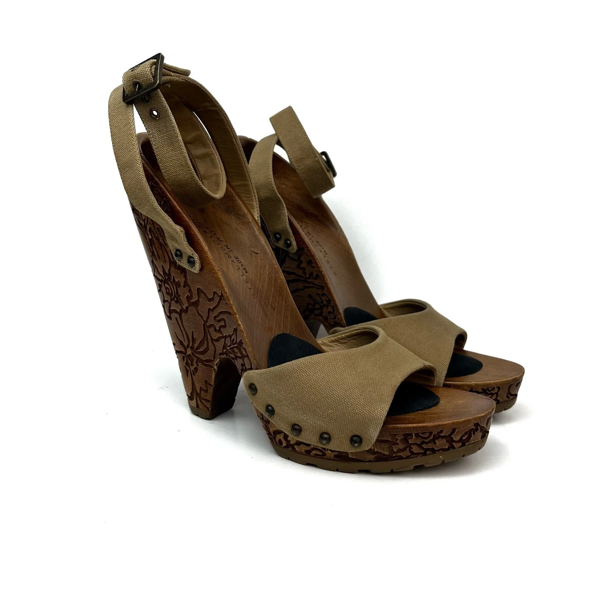 Stella McCartney Runway Platform Wooden Carved Canvas Wedge Sandal Heels 36