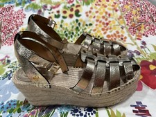 Tory Burch Fisherman Espadrille Wedge Spark Gold Metallic Crinkle Size 7M