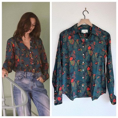 NEW Trovata Birds of Paradis Anthro Silk Blend Jacquelin Shirt in Teal Plume S